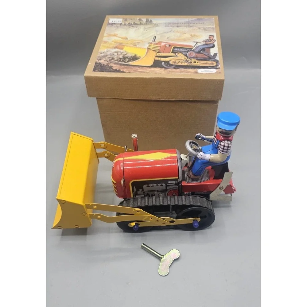 Vintage Style Wind Up Tin Bulldozer MS 357 Red Yellow Construction Toy with Box